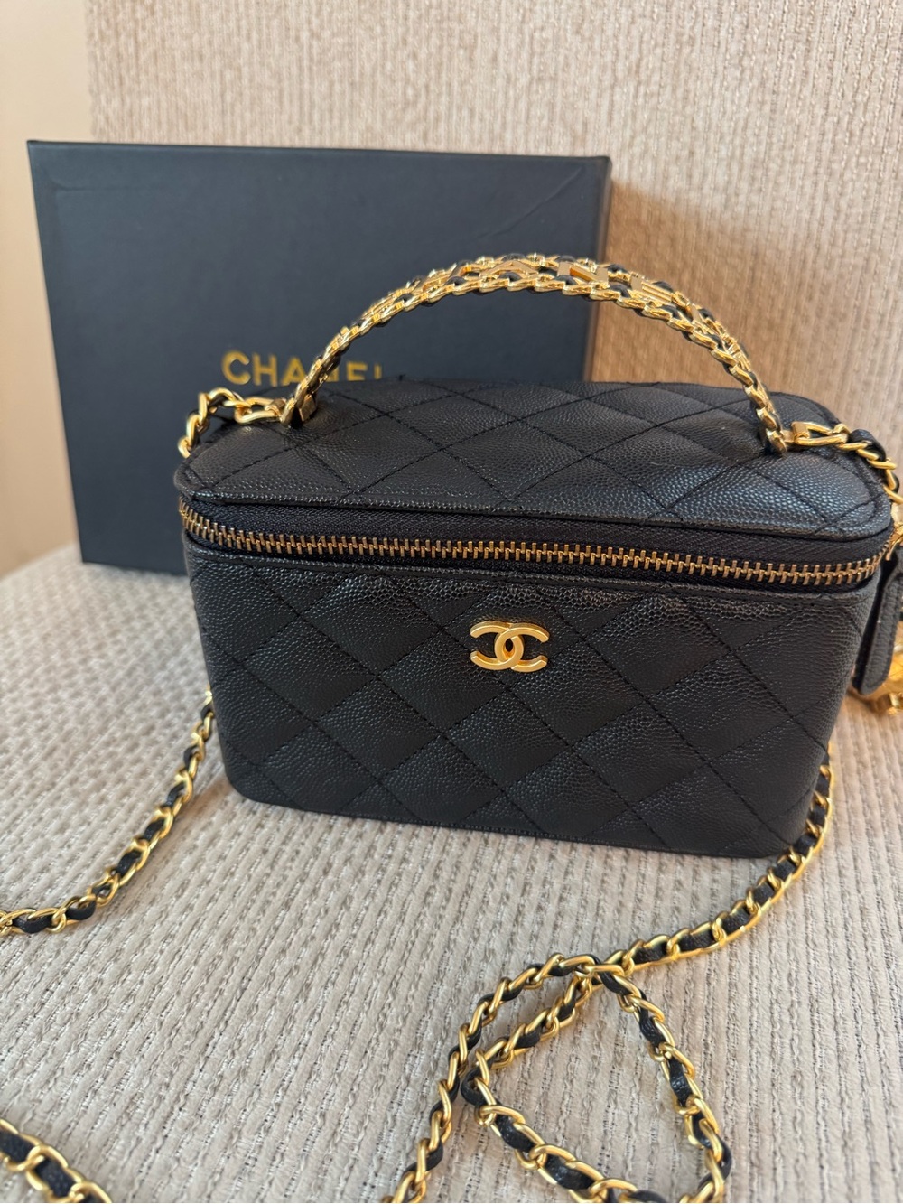 GWP Makeup  Black Quilted Vanity-Style Crossbody with adjustable Gold Chain